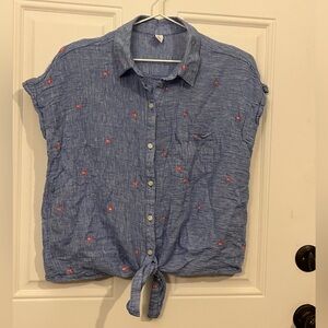 Old Navy Medium Blue and Pink Flamingo Button Up and Tie Front Shirt